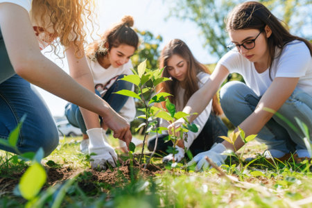 Young people planting trees in a parkの素材