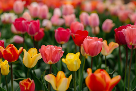 Colorful tulips on sunny background.の素材