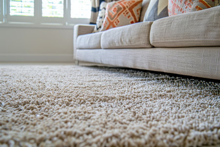 close up of sofa with beige carpet rug home interior background.の素材