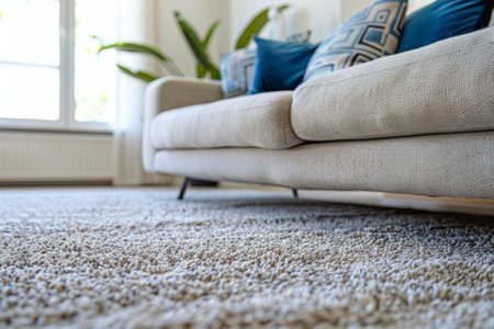 close up of sofa with beige carpet rug home interior background.の素材