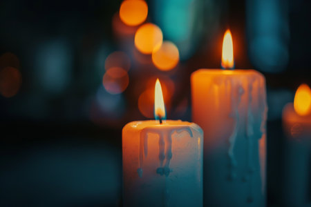 Lit candles with bokeh on a dark background.の素材