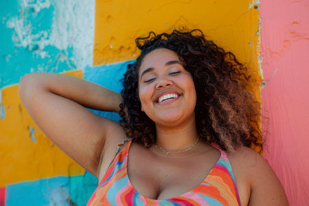 Smiling plus size woman against a colorful wall.の素材