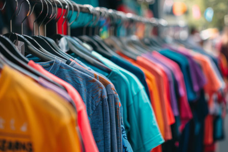 Vibrant T-shirts on street market rack with abstract blurred background.の素材