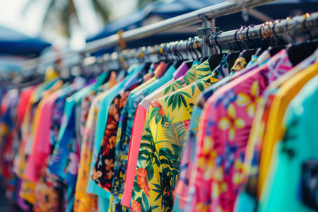Vibrant shirts on street market rack with abstract blurred background.の素材