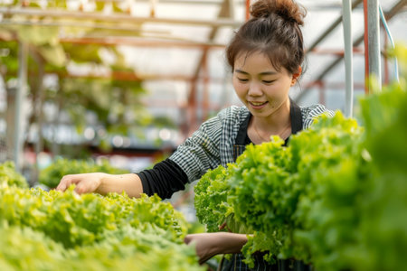 Young woman working with lettuce in a greenhouseの素材
