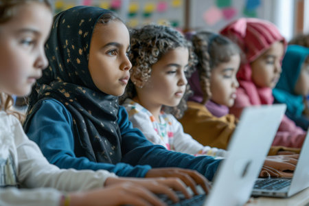 Multiethnic group of children using computers in a classroomの素材