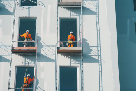 Workers on scaffolding at a building construction.の素材
