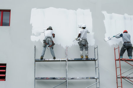 Workers painting a building wall.の素材