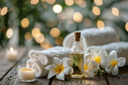 Quiet spa atmosphere with oil, towels, and candles.の素材