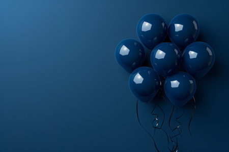 Dark blue balloons on a blue background, with space for text.の素材