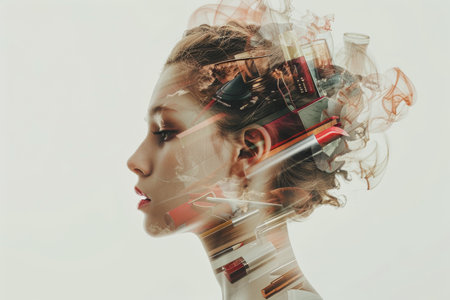 double exposure, a woman's head in which there are many things, lipstick, child, book, frying pan and others.の素材