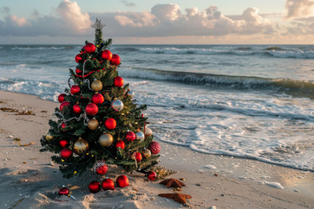 Christmas tree on the ocean shore with waves aroundの素材