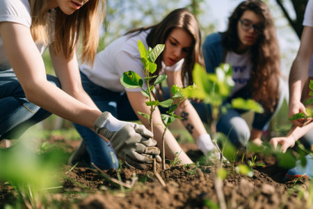 Young people planting trees in a parkの素材