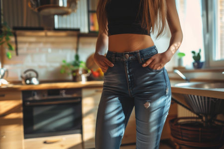 Lower body of a woman with a flat perfect stomach in jeans.の素材