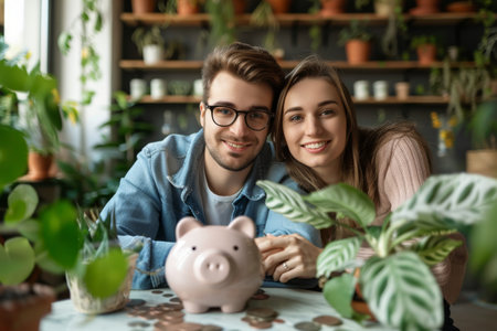 Young couple in a cozy home setting with a piggy bank.の素材