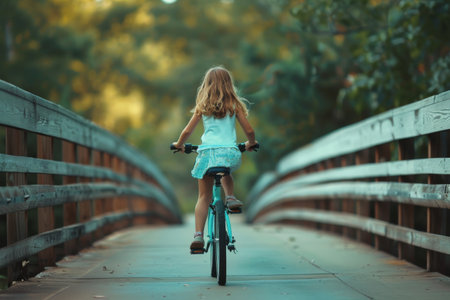 Girl riding bike on a bridgeの素材