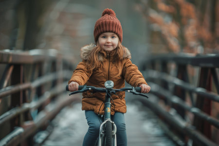Girl riding bike on a bridgeの素材