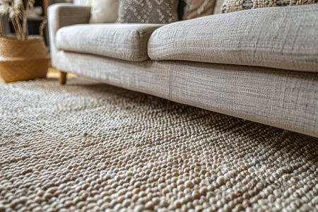 close up of sofa with beige carpet rug home interior background.の素材