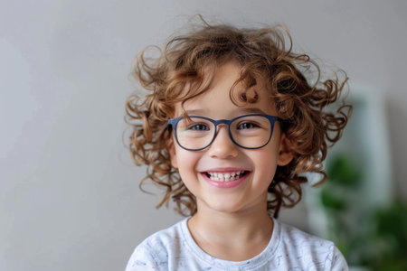 A child smiles with glasses on a plain background. Children's vision and eye health concept.の素材
