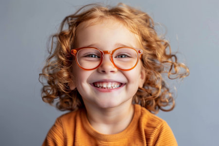 A child smiles with glasses on a plain background. Children's vision and eye health concept.の素材