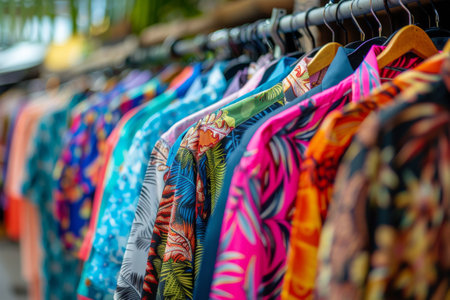 Vibrant shirts on street market rack with abstract blurred background.の素材