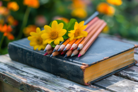 Pencils on books with spring blossomsの素材