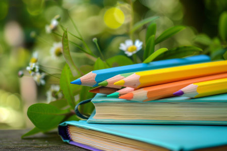 Pencils on books with spring blossomsの素材