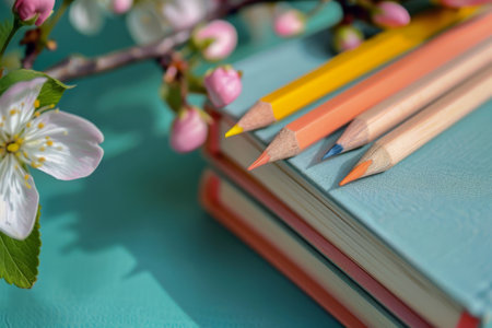 Pencils on books with spring blossomsの素材