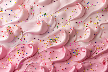 Pink whipped cream and sugar sprinkles on pink background.の素材