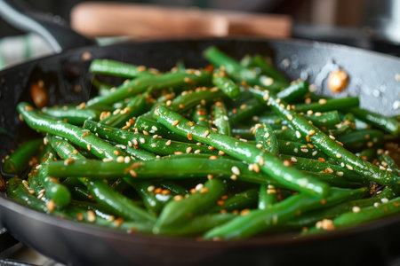 Close-up of green beans with sesame, steamy.の素材