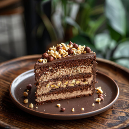 Brown hazelnut cake with cream topping.の素材