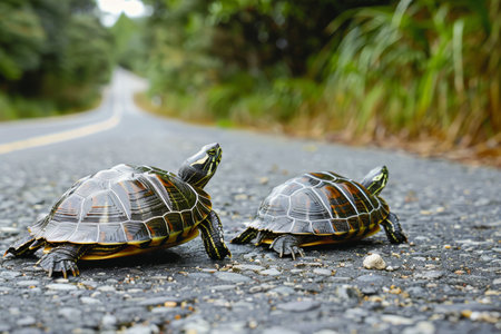 Two turtles on asphalt looking into the distanceの素材