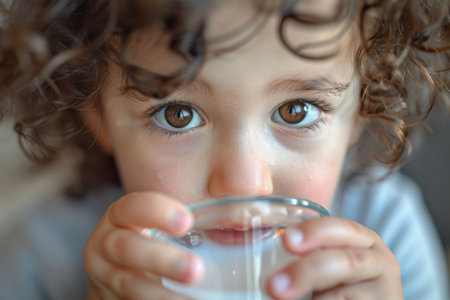 Cute curly-haired child drinking milk.の素材