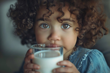 Curly-haired child drinking milk.の素材