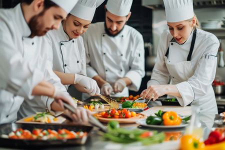 Chefs preparing dishes in a restaurant kitchen.の素材