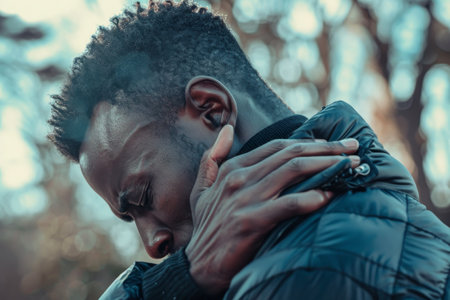 Man experiencing neck pain, holding his neckの素材