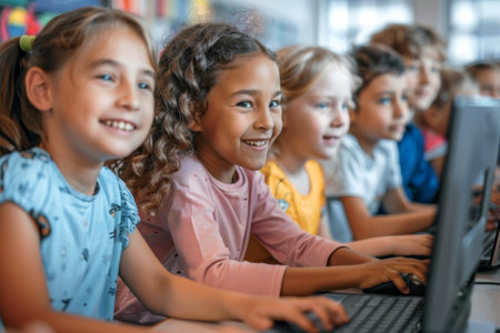 Multiethnic group of children using computers in a classroomの素材