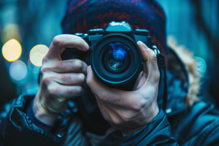 Man photographing with a camera. close-upの素材