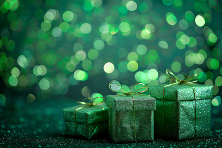 Green glittering holiday gifts with golden ribbons.の素材