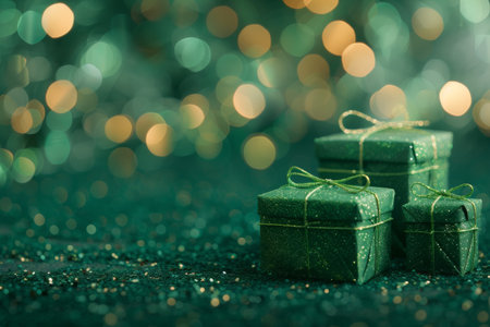 Green holiday gifts with sparkles.の素材