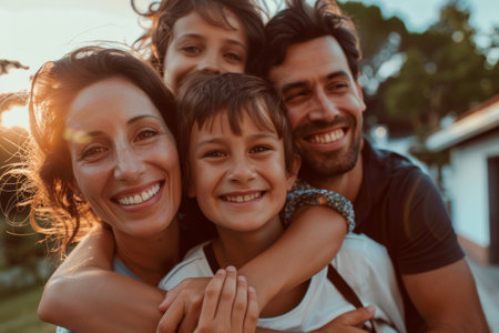 Happy family outdoors at sunsetの素材