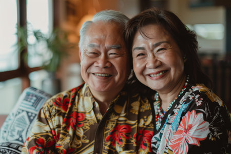 Happy elderly couple in a restaurantの素材