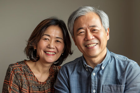 Elderly Asian couple smiling, gray backgroundの素材