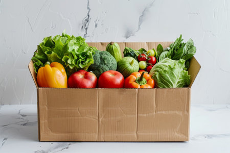 cardboard box with food. vegetables and fruits in a cardboard box. food delivery and food bank concept.の素材