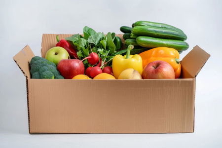 cardboard box with food. vegetables and fruits in a cardboard box. food delivery and food bank concept.の素材