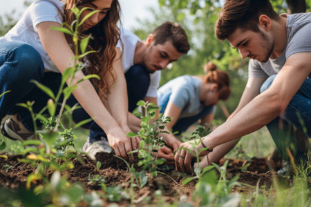 Young people planting trees in a parkの素材