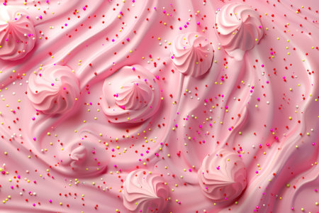 Pink whipped cream and sugar sprinkles on pink background.の素材