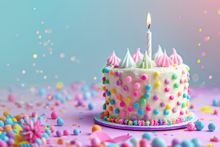 Festive cake with a single candle.の素材