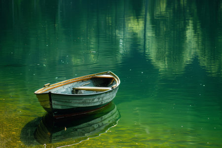 Boat in a quiet cove of a green lake.の素材