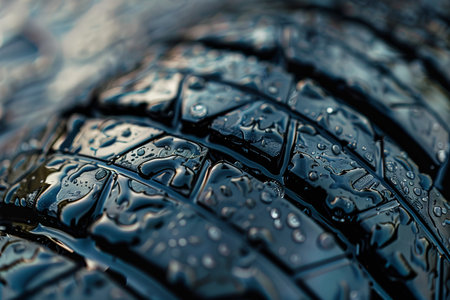 Close-up of tire tread with water droplets.の素材